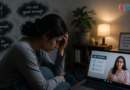 Person sitting alone in fear and anxiety while attending an online CBT therapy session on a laptop.