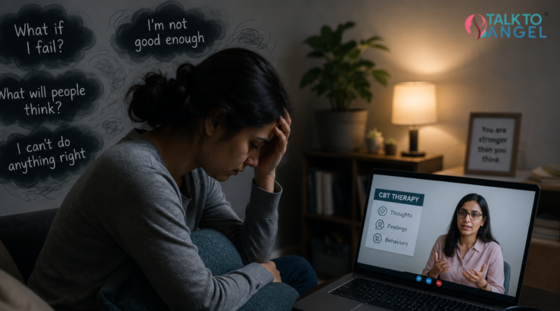 Person sitting alone in fear and anxiety while attending an online CBT therapy session on a laptop.