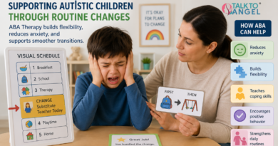 Autistic child feeling overwhelmed during a routine change while a parent calmly supports them using visual schedules and ABA therapy techniques.