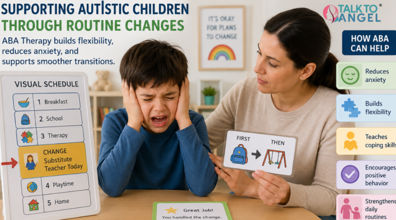 Autistic child feeling overwhelmed during a routine change while a parent calmly supports them using visual schedules and ABA therapy techniques.