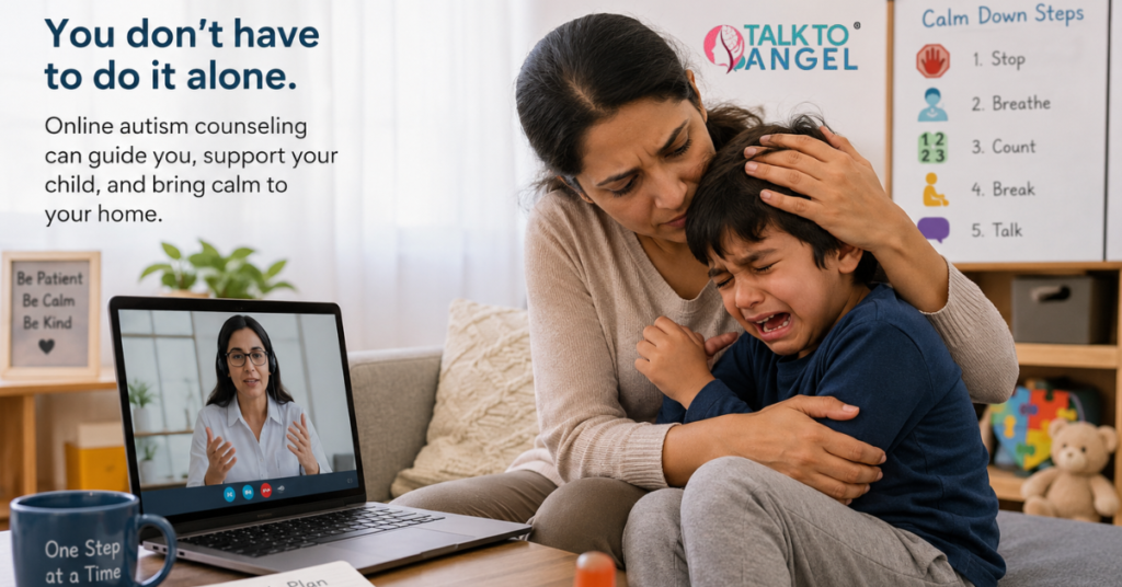 Mother comforting her child during an autism emotional meltdown at home while attending an online counselling session.