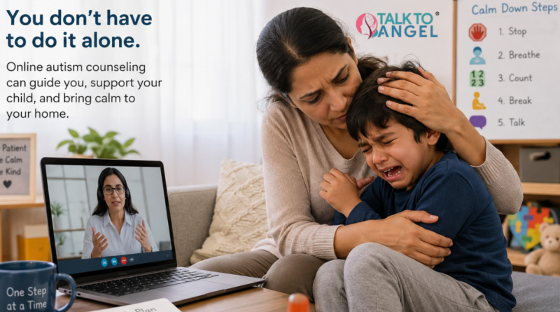 Mother comforting her child during an autism emotional meltdown at home while attending an online counselling session.