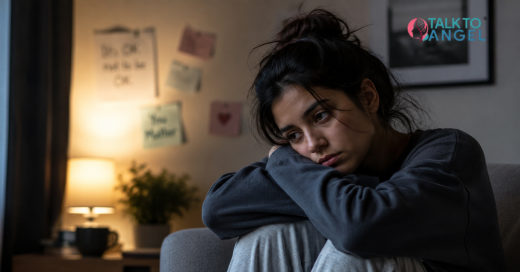 Young adult sitting alone feeling emotionally numb & hidden depression while seeking support through cognitive therapy.