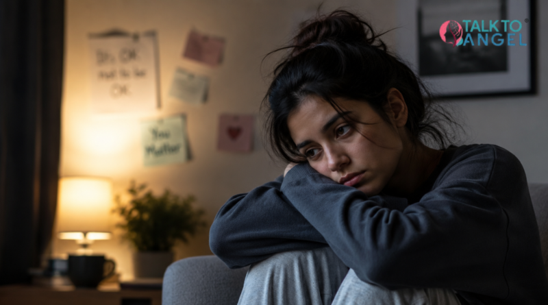 Young adult sitting alone feeling emotionally numb & hidden depression while seeking support through cognitive therapy.