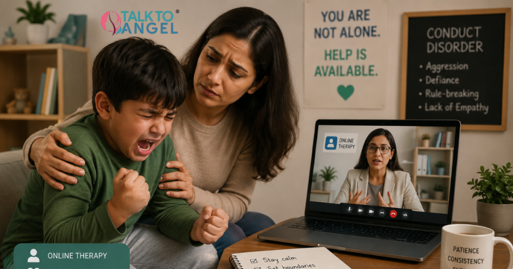 Concerned mother comforting her angry child during an emotional outburst while attending an online therapy session for Conduct Disorder.
