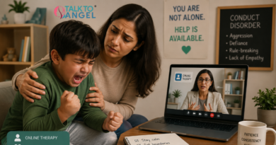 Concerned mother comforting her angry child during an emotional outburst while attending an online therapy session for Conduct Disorder.