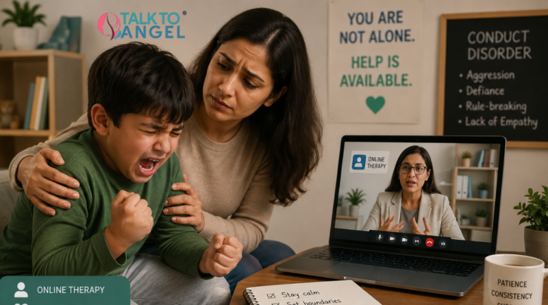 Concerned mother comforting her angry child during an emotional outburst while attending an online therapy session for Conduct Disorder.