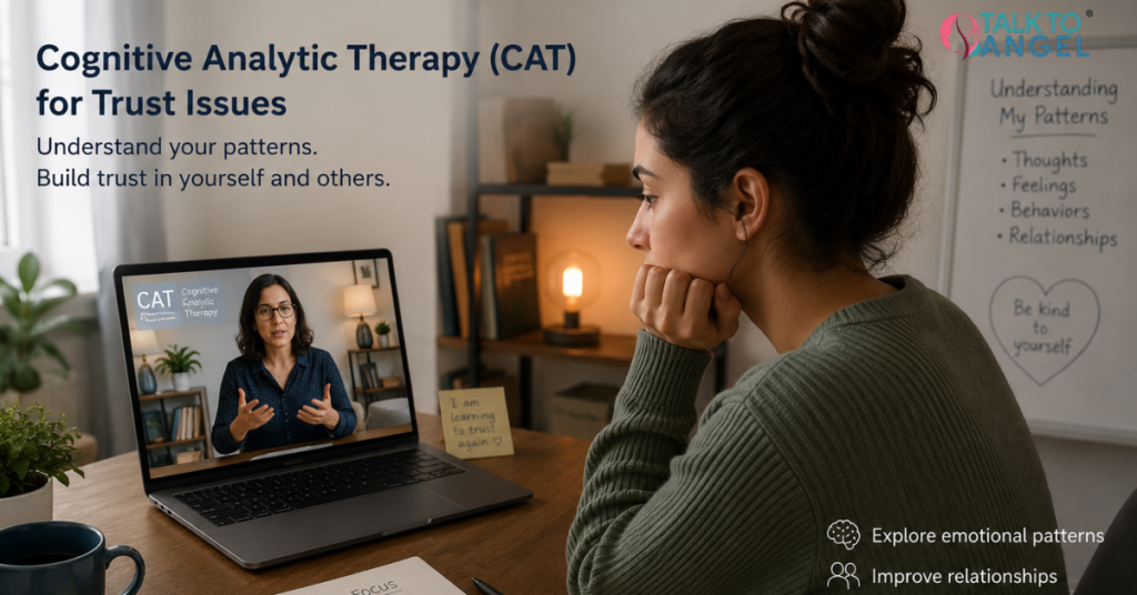 A young woman sitting thoughtfully during an online Cognitive Analytic Therapy (CAT) session while discussing trust issues and emotional relationship struggles.
