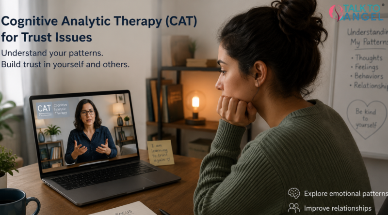A young woman sitting thoughtfully during an online Cognitive Analytic Therapy (CAT) session while discussing trust issues and emotional relationship struggles.
