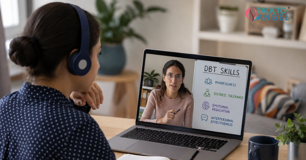 Person attending online DBT therapy session for emotional control and calm thinking support.