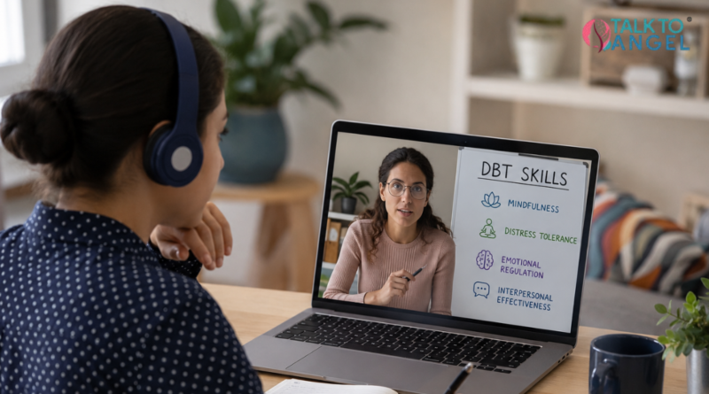 Person attending online DBT therapy session for emotional control and calm thinking support.