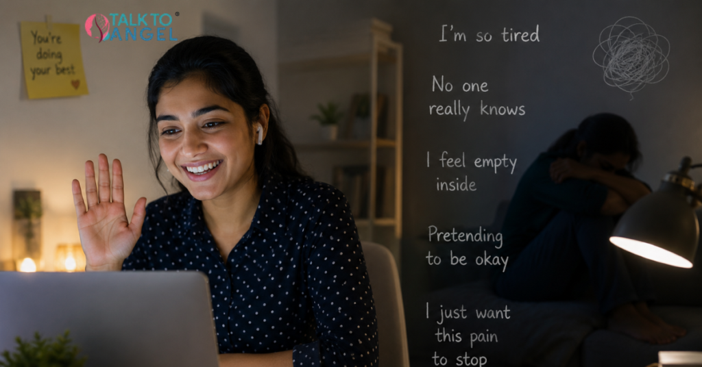 Young professional smiling during a video session with an online depression counsellor to get over depression at home.