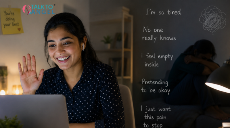 Young professional smiling during a video session with an online depression counsellor to get over depression at home.