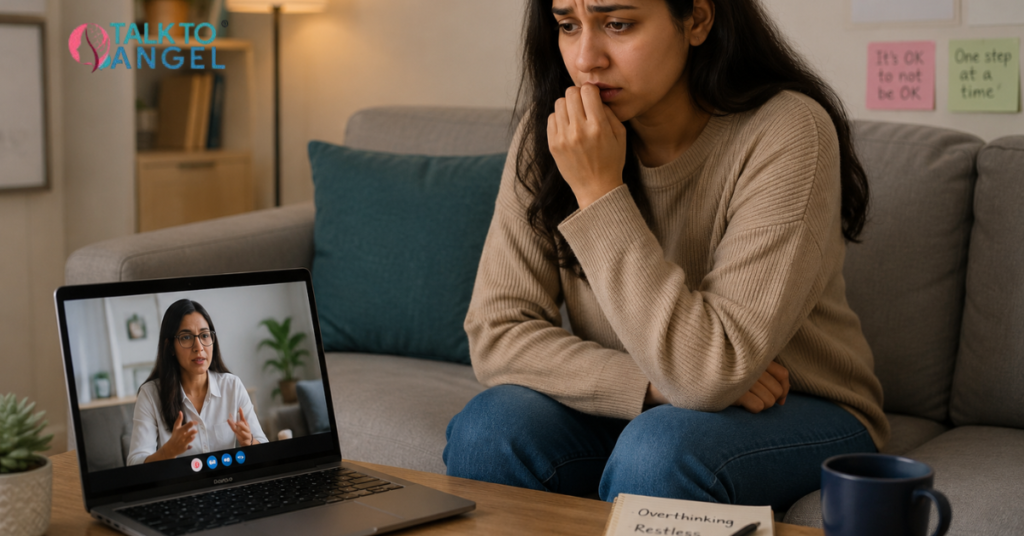 Young woman sitting anxiously on a sofa during a session with an online anxiety counsellor, showing signs of restlessness and emotional stress.