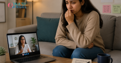 Young woman sitting anxiously on a sofa during a session with an online anxiety counsellor, showing signs of restlessness and emotional stress.