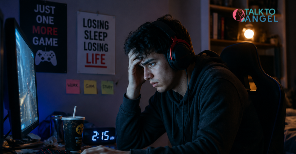 Young man looking stressed while gaming online late at night, showing signs of gaming & gambling addiction & emotional distress.