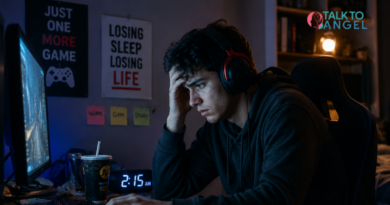 Young man looking stressed while gaming online late at night, showing signs of gaming & gambling addiction & emotional distress.
