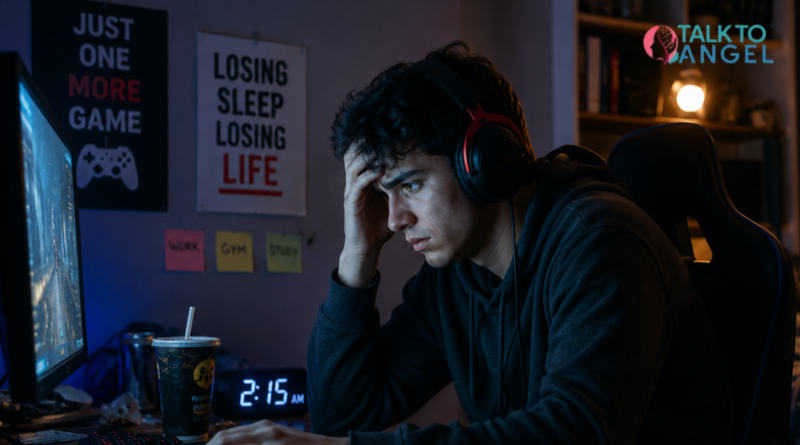 Young man looking stressed while gaming online late at night, showing signs of gaming & gambling addiction & emotional distress.