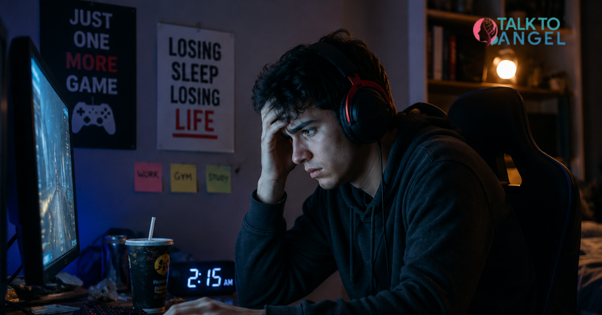Young man looking stressed while gaming online late at night, showing signs of gaming & gambling addiction & emotional distress.
