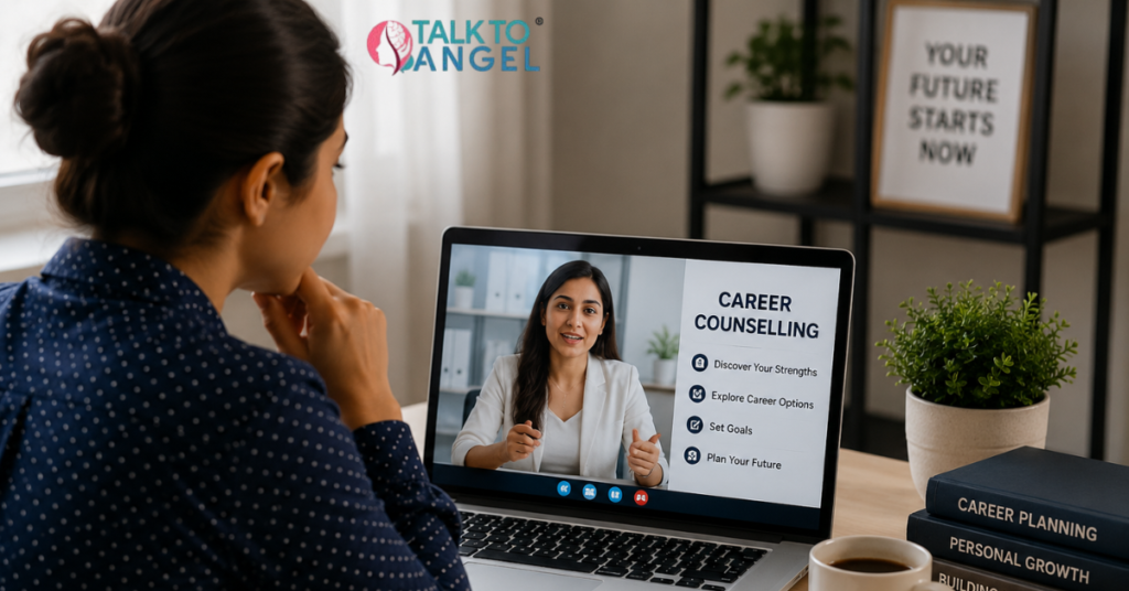 Young professional attending online counselling session to gain clarity and confidence about future career choices.