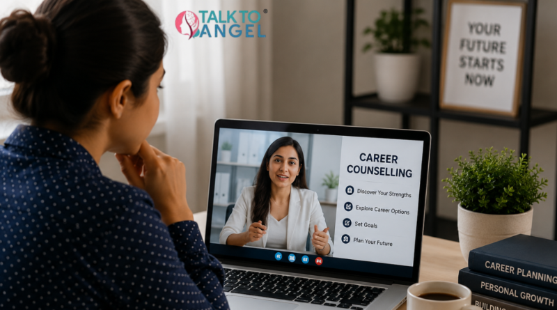 Young professional attending online counselling session to gain clarity and confidence about future career choices.