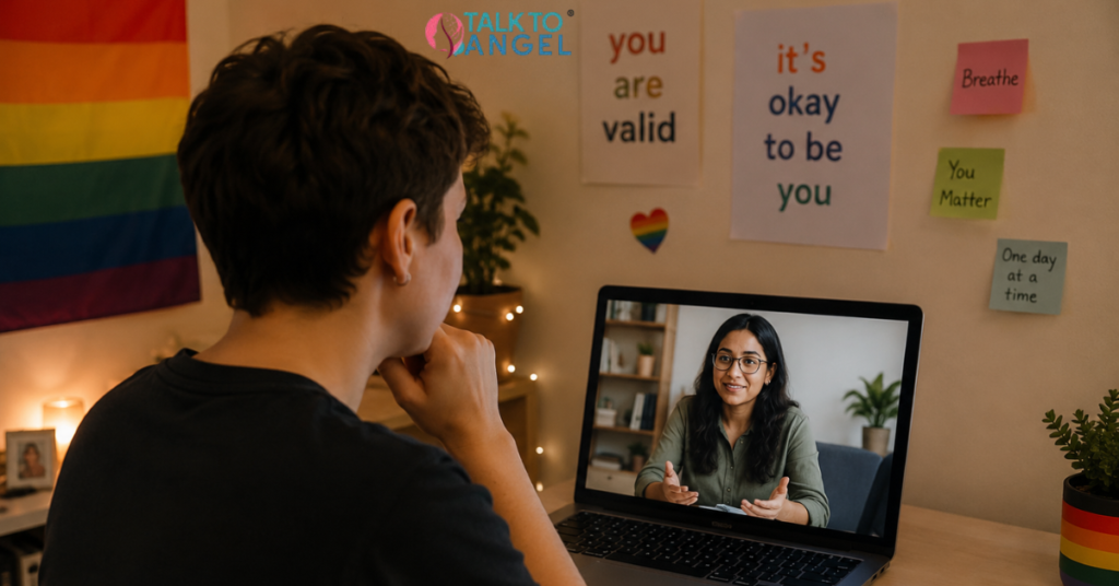 Person receiving supportive online counselling for gender identity and emotional wellbeing at home.