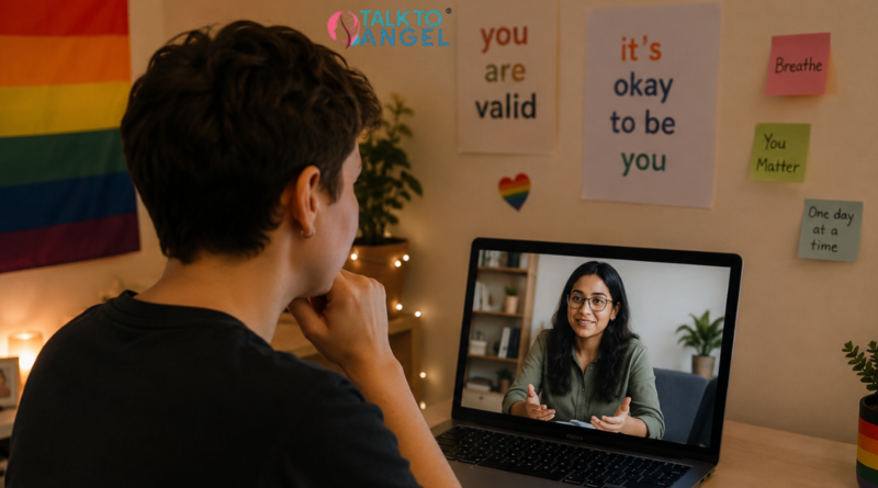 Person receiving supportive online counselling for gender identity and emotional wellbeing at home.