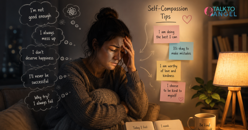 Woman sitting alone at night, looking stressed by negative thoughts while practicing self-compassion-focused therapy.