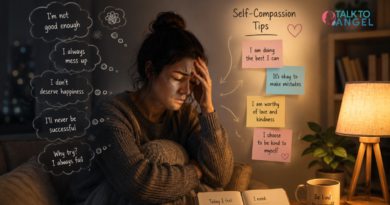 Woman sitting alone at night, looking stressed by negative thoughts while practicing self-compassion-focused therapy.