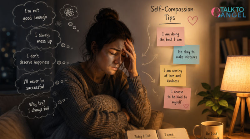 Woman sitting alone at night, looking stressed by negative thoughts while practicing self-compassion-focused therapy.