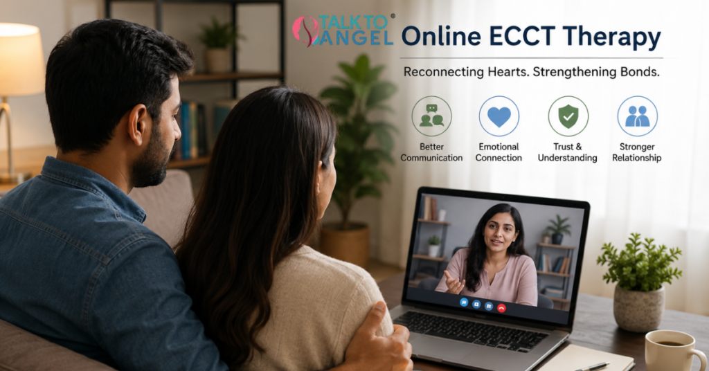 Couple attending online ECCT therapy session to rebuild emotional connection and improve communication.