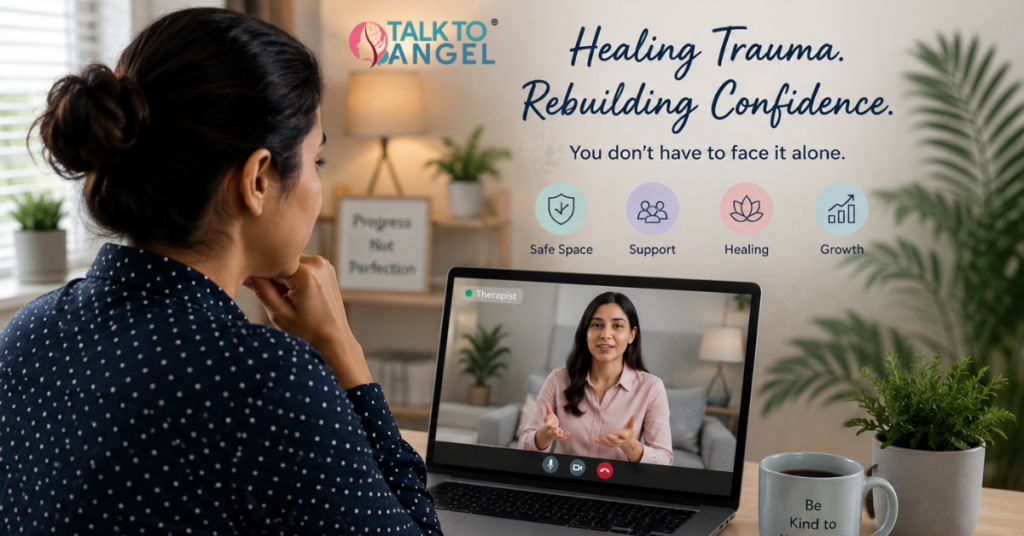 Person attending online PTSD counselling session for emotional healing and confidence recovery.