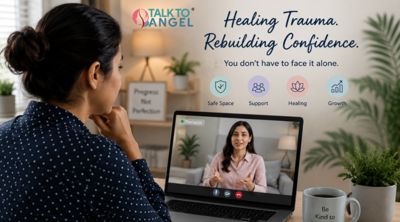 Person attending online PTSD counselling session for emotional healing and confidence recovery.