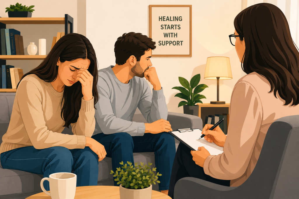 Person feeling distressed after a partner's affair while seeking relationship counselling support.