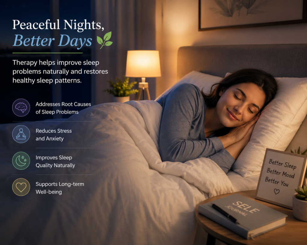 Person sleeping peacefully after therapy helps improve sleep problems naturally and restore healthy sleep patterns.