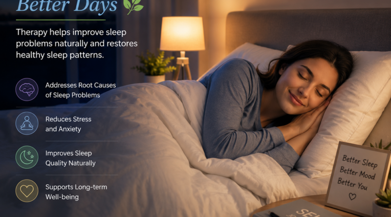 Person sleeping peacefully after therapy helps improve sleep problems naturally and restore healthy sleep patterns.