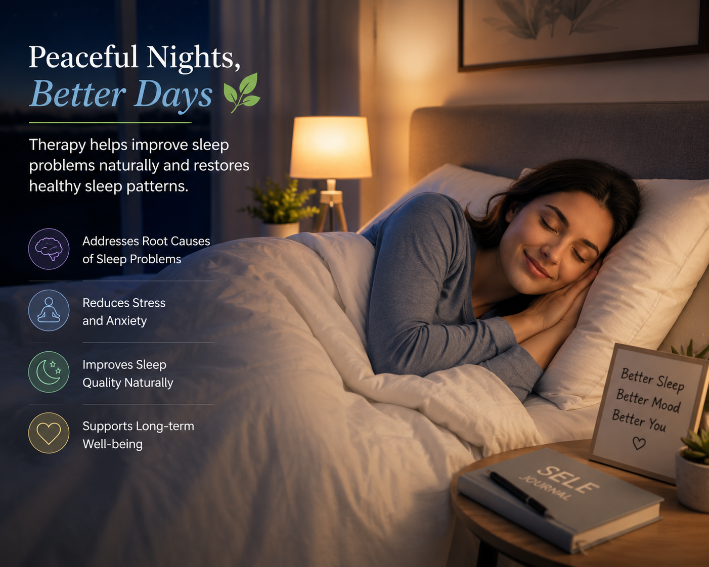 Person sleeping peacefully after therapy helps improve sleep problems naturally and restore healthy sleep patterns.