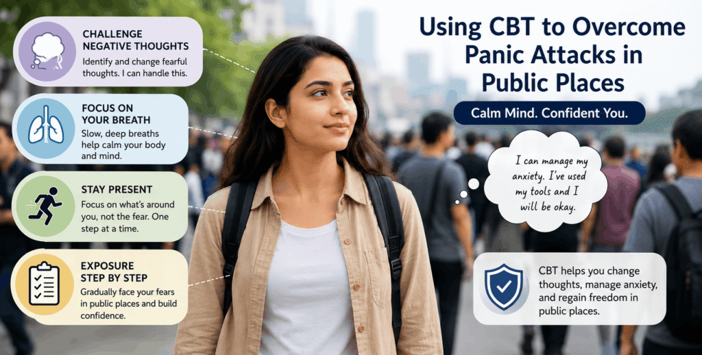 Person using CBT techniques to manage panic attacks and feel calm in a crowded public setting.