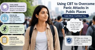 Person using CBT techniques to manage panic attacks and feel calm in a crowded public setting.