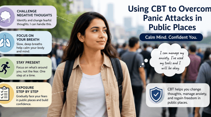 Person using CBT techniques to manage panic attacks and feel calm in a crowded public setting.