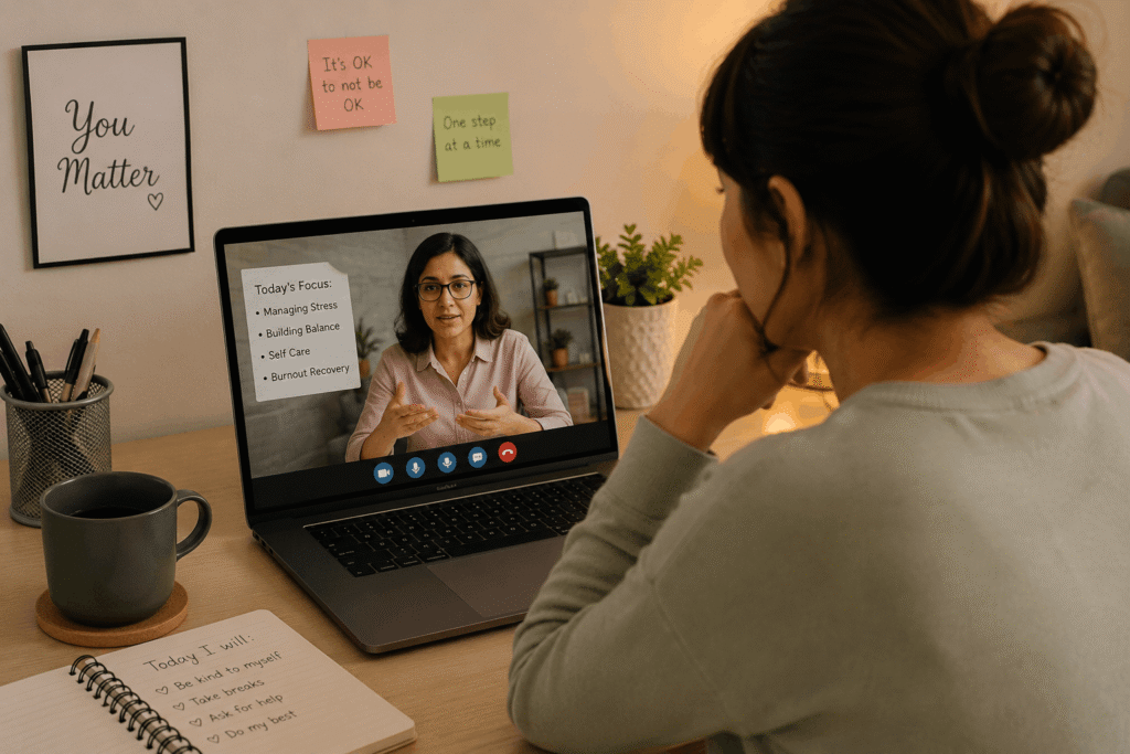 Person attending an online counselling session for burnout recovery and chronic stress management from home.
