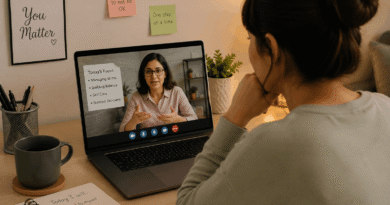 Person attending an online counselling session for burnout recovery and chronic stress management from home.