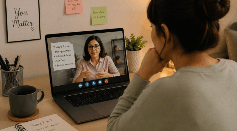 Person attending an online counselling session for burnout recovery and chronic stress management from home.