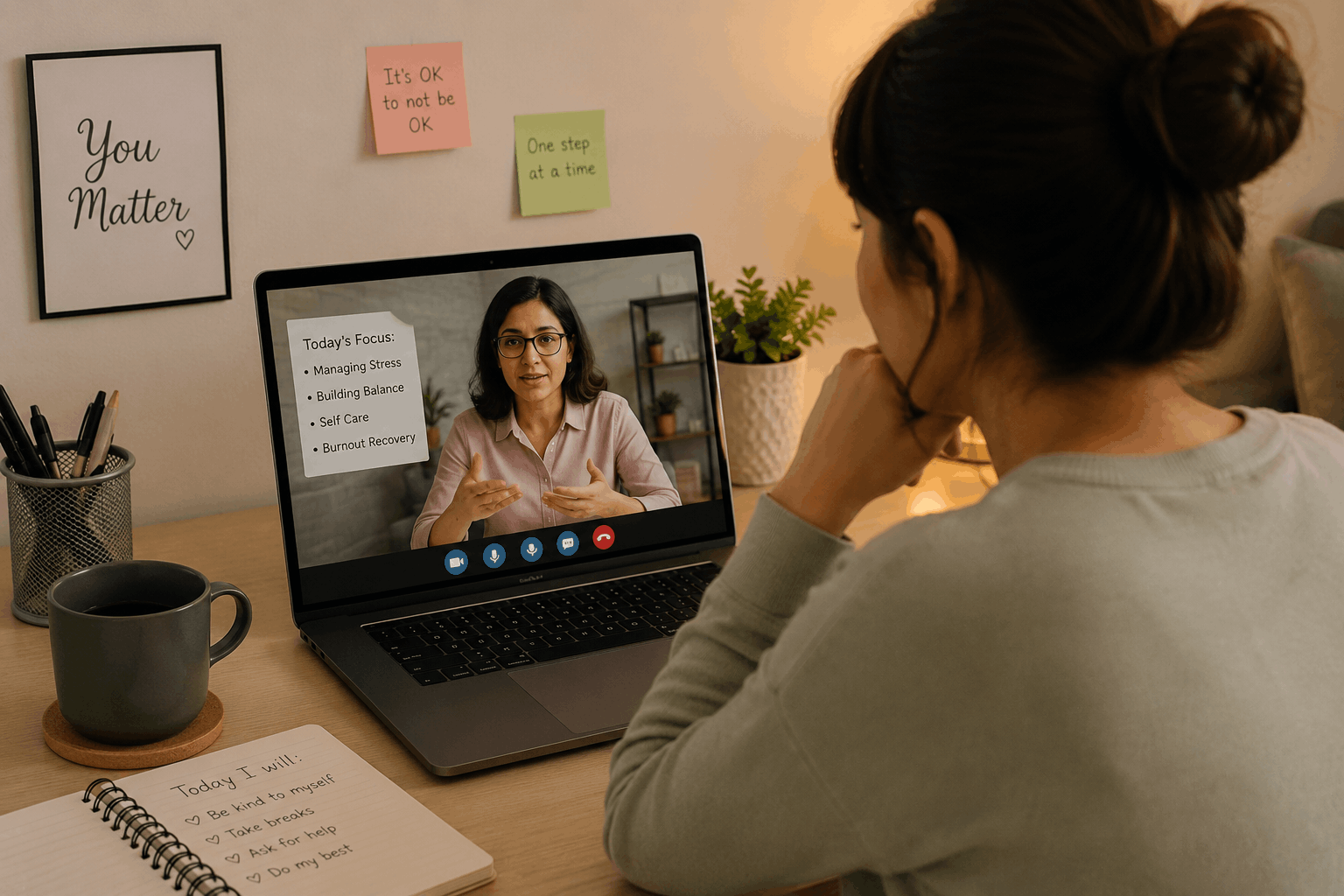 Person attending an online counselling session for burnout recovery and chronic stress management from home.