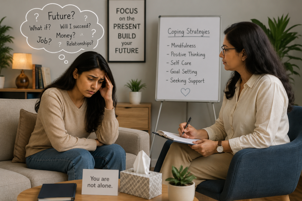 Person feeling anxious about the future while receiving support through online counselling services.