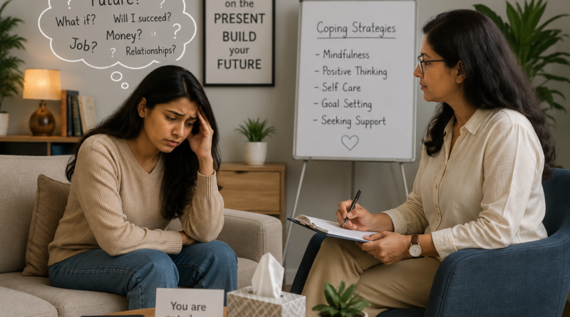 Person feeling anxious about the future while receiving support through online counselling services.