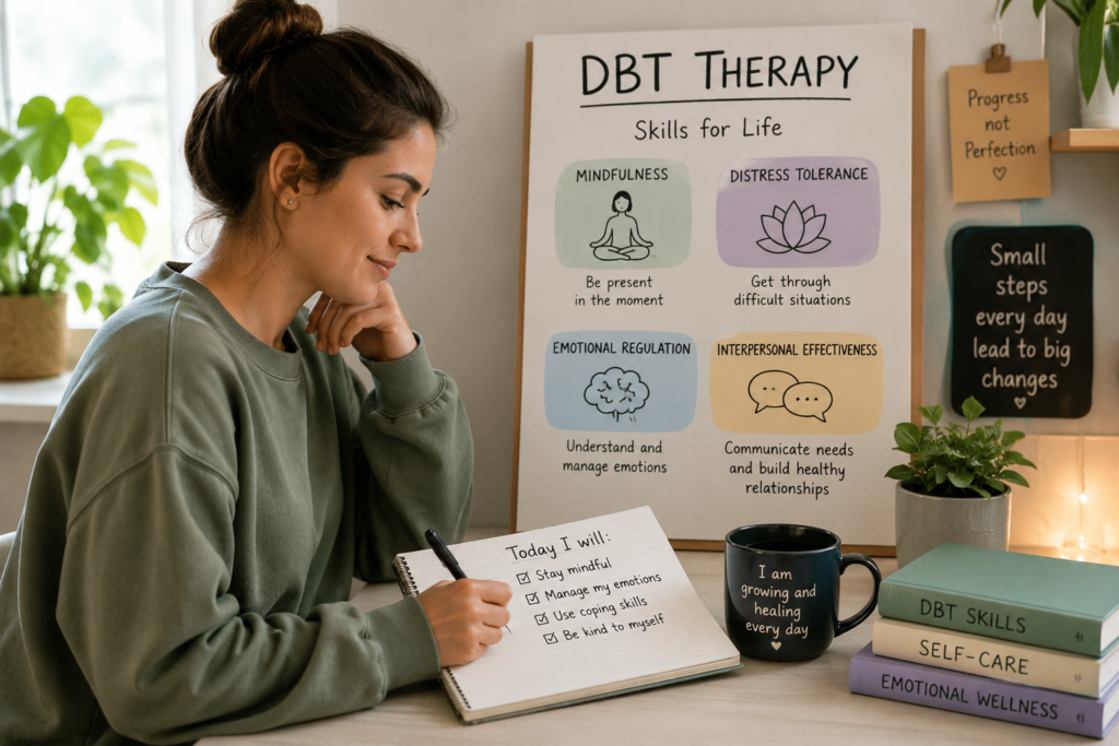 Person practicing DBT therapy techniques to manage emotions, cope with stress, and improve relationships.