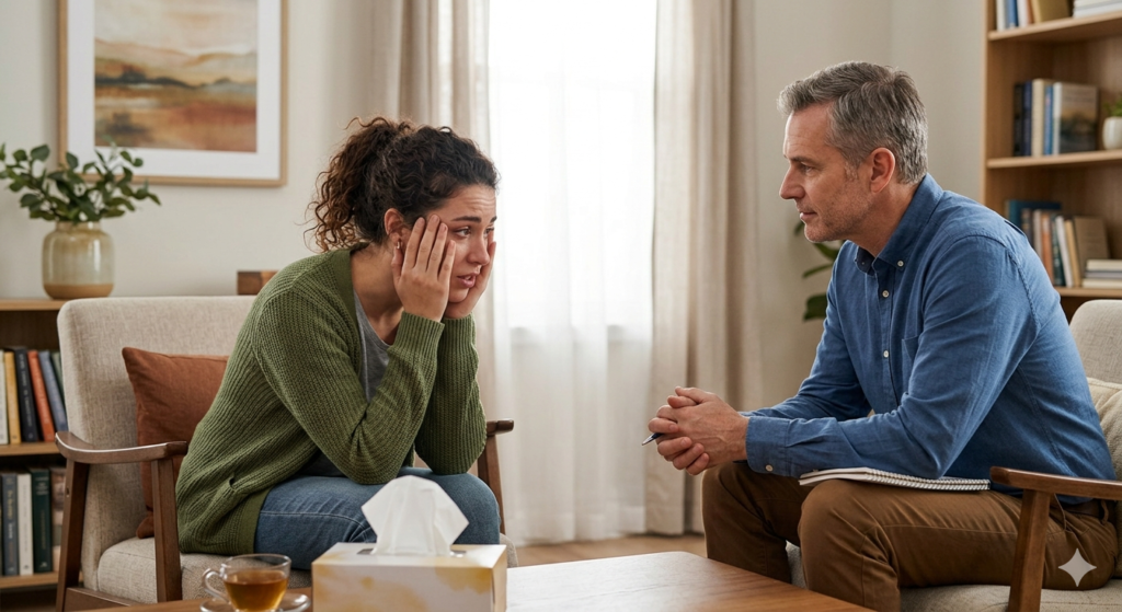 Person experiencing extreme mood swings associated with bipolar disorder while receiving online counselling support.