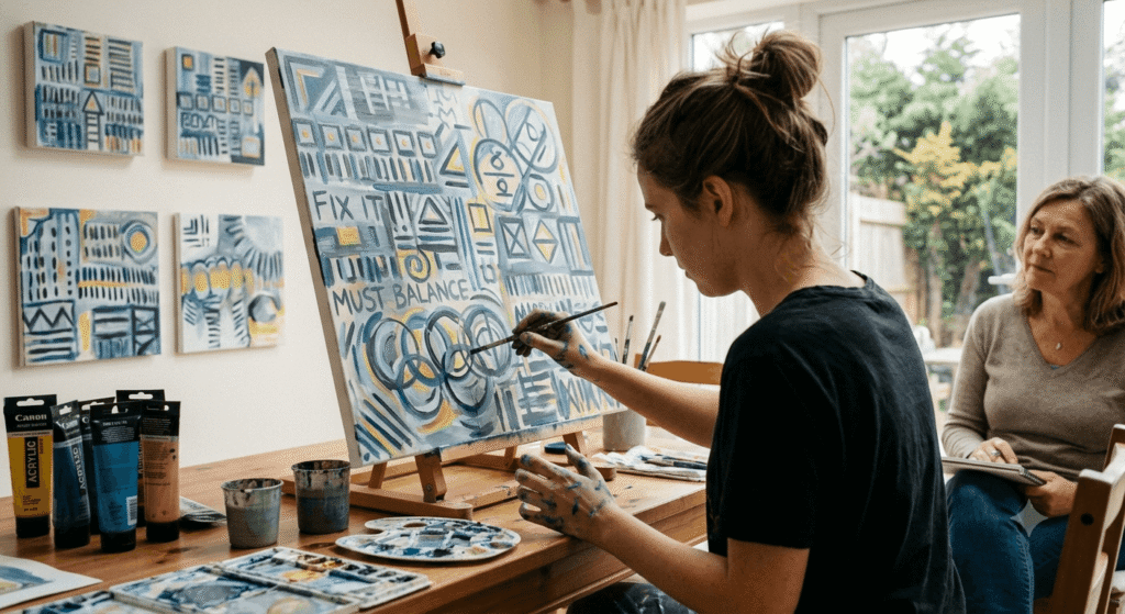 Person expressing OCD thoughts through painting during an art therapy session for emotional healing.