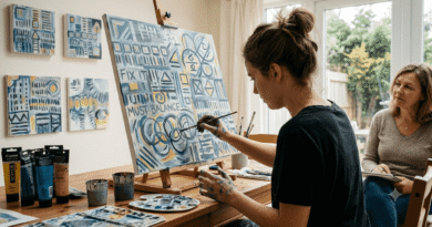 Person expressing OCD thoughts through painting during an art therapy session for emotional healing.